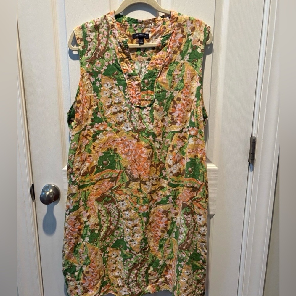 Lands’ End 100% Linen Dress Size 18 Garden Floral Swing Pockets Sleeveless